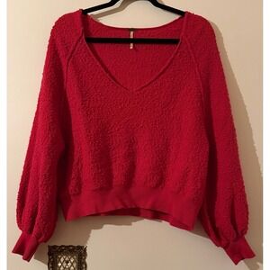 Free People Red Textured Balloon Sleeve V Neck Sweater Oversized Top XS‎